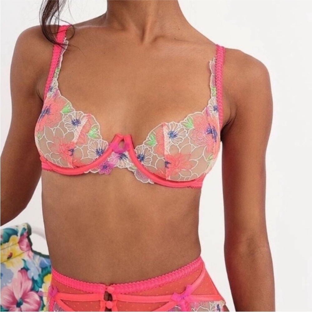 New! For Love and Lemons Shimmer Zinnia Bra neon coral floral 51391 - Picture 2 of 11